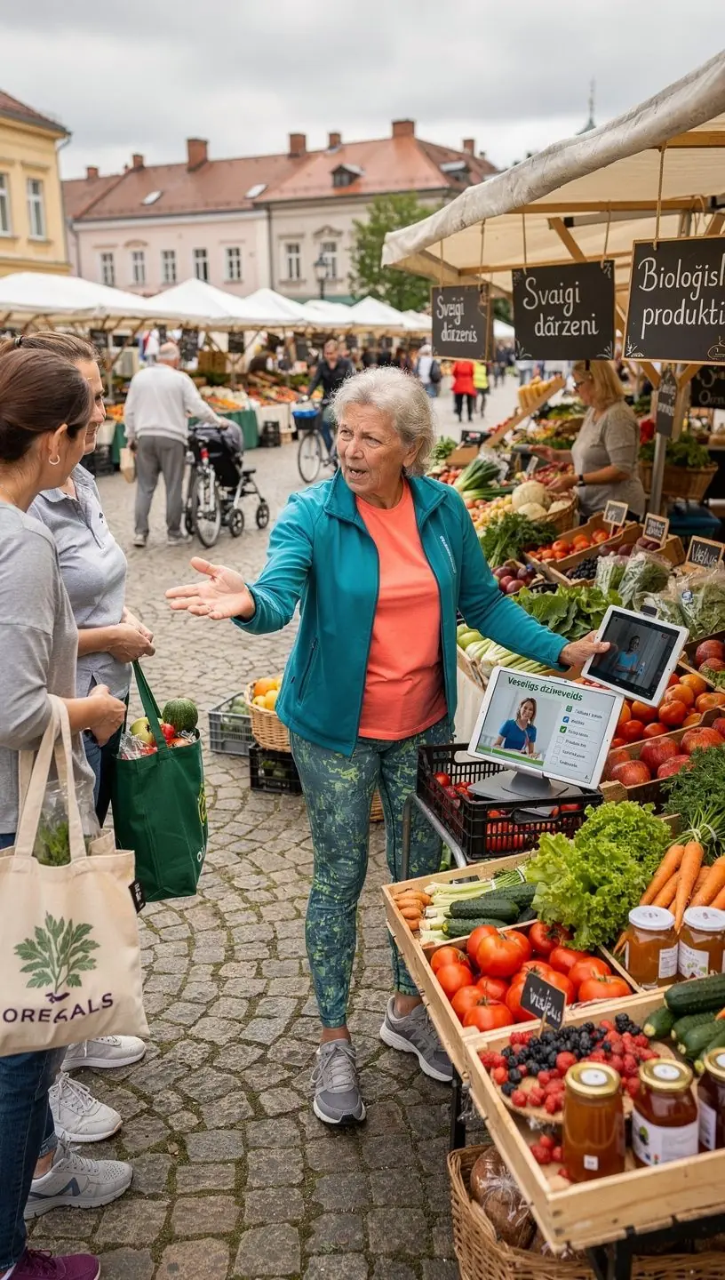 Aktīvi seniori, kas piedalās virtuālajā treniņā, izmantojot datoru vai planšetdatoru.