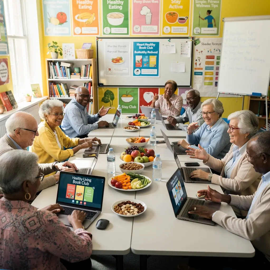 Grupas vingrošanas nodarbība, kurā piedalās seniors un treneris, veicot svara kontroles vingrinājumus.