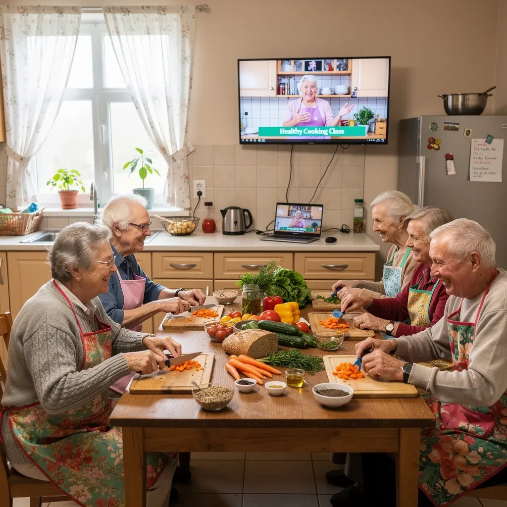 Grupas senioru vingrošanas nodarbība, kurā tiek uzsvērta veselīga dzīvesveida nozīme.