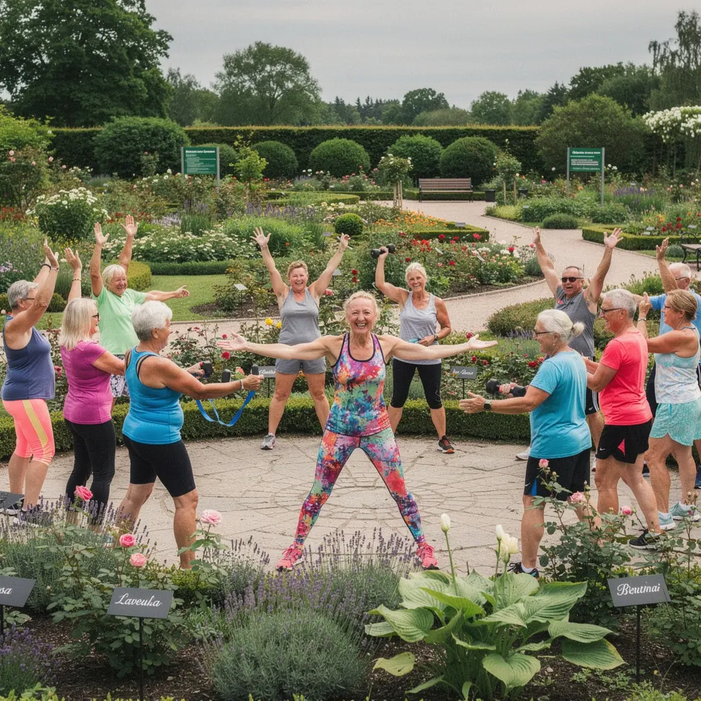 Tiešsaistes treniņš, kurā piedalās aktīvi seniori.