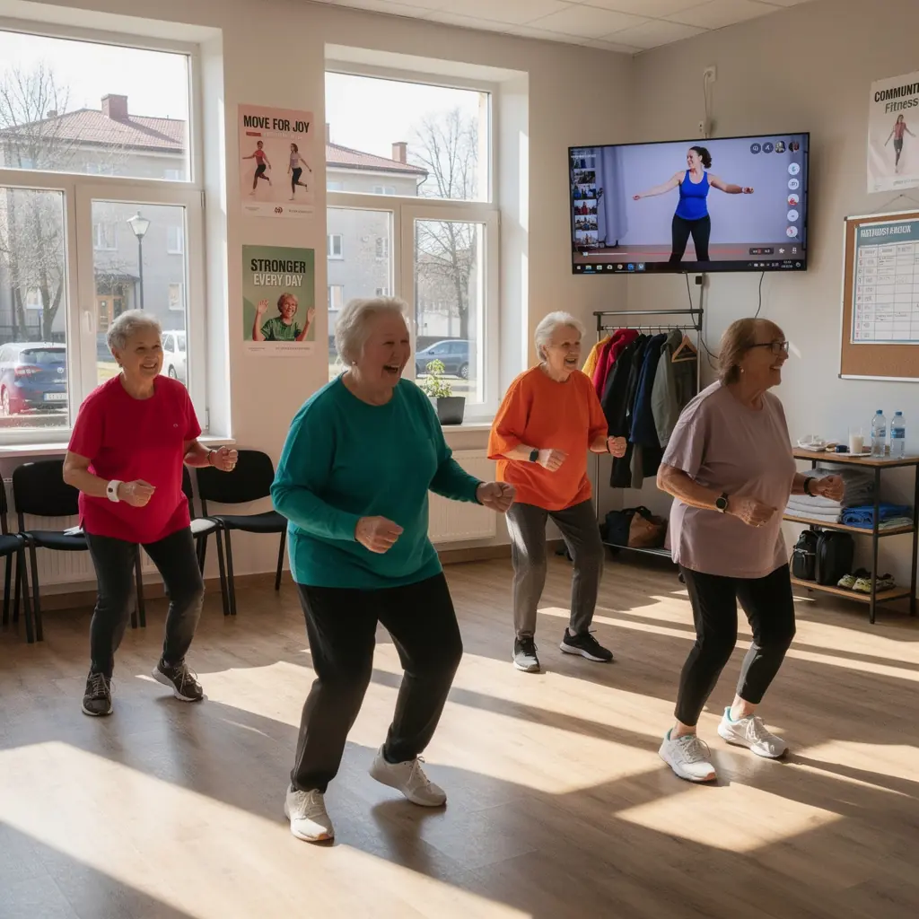 Grupas nodarbība ārā ar senioriem, kas vingro kopā.