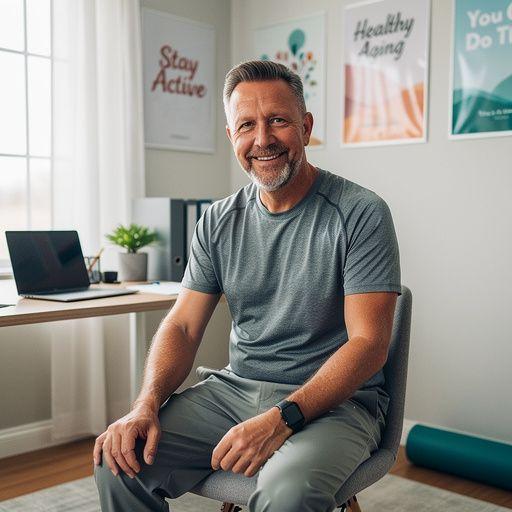 Seniors, kas nodarbojas ar vingrošanu, izmantojot datoru.