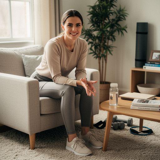 Seniors, kas piedalās virtuālajā treniņā dzīvojamā istabā.